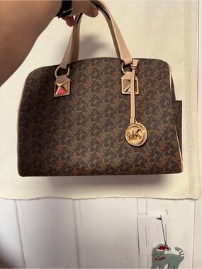 Michael Kors Brown Monogram Satchel with Pale Tan Handles